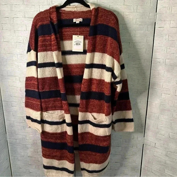 Knox Rose Women's Open Front Cardigan striped Boho casual, blue, red & cream - Picture 4 of 12